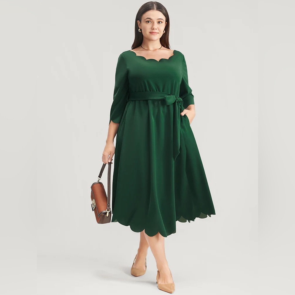 Solid Pocket Scalloped Trim Belted Midi Dress 1XL #475
